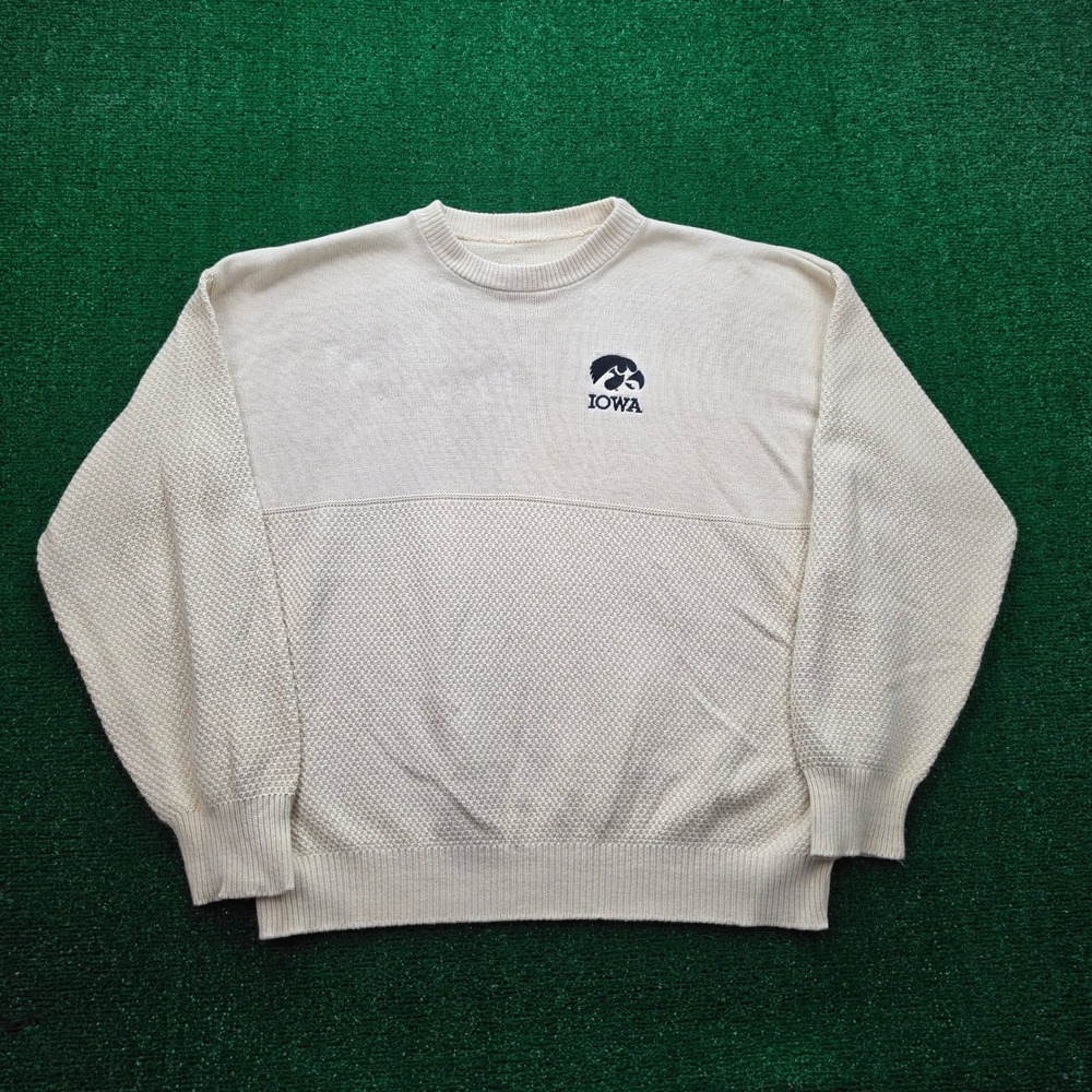 Vintage NCAA Iowa Hawkeyes Knit Sweater Mens XL Cream Beige Pullover Embroidered